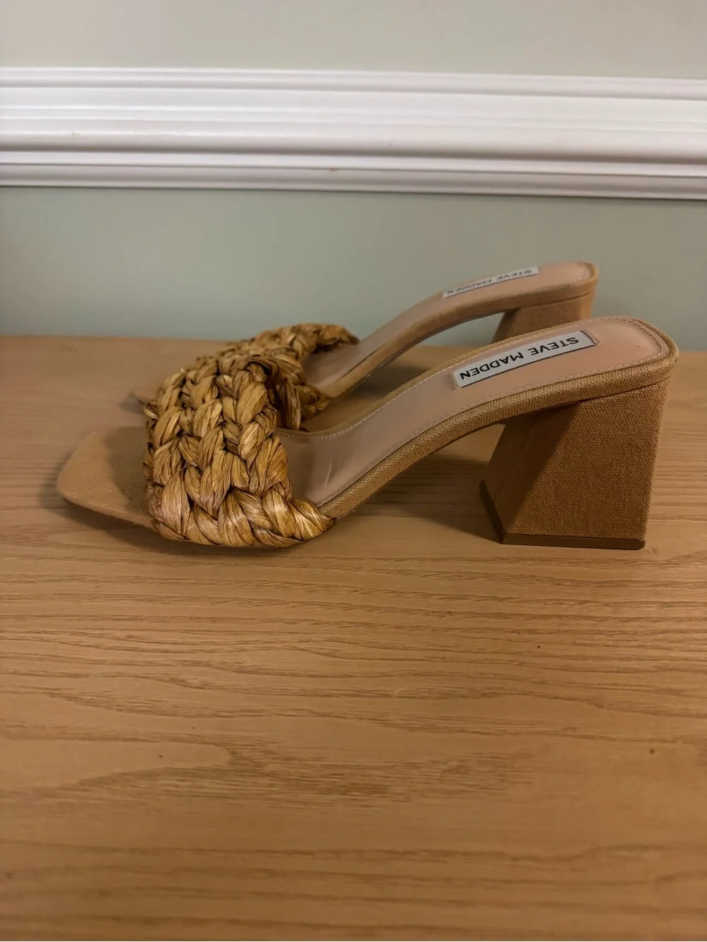 Steve Madden Mylee Braided Raffia Block Heel Sandals Neutral Tan Size 9.5